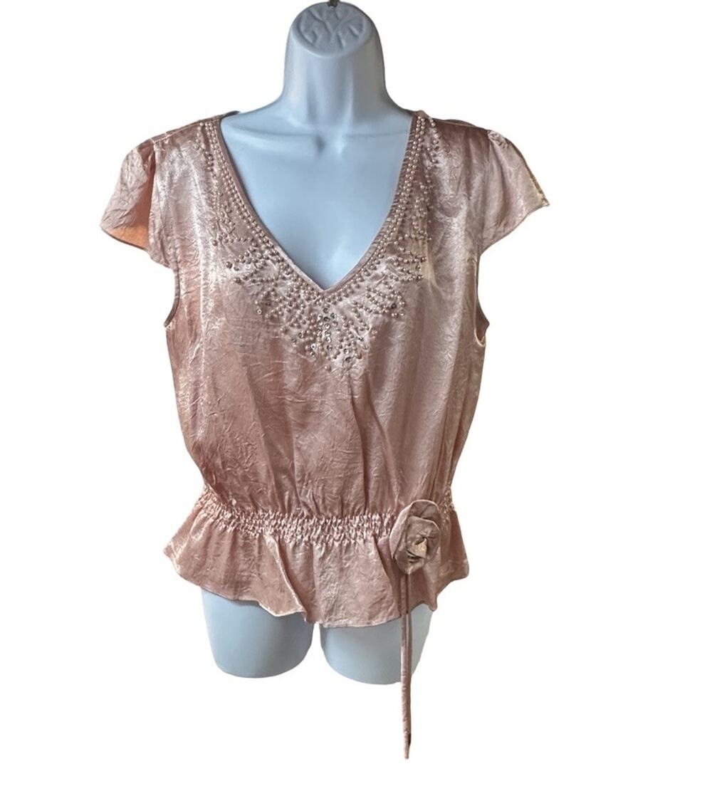 Georgiou Studio Beaded Peplum Top Blush Pink V Neck Romantic Size 14